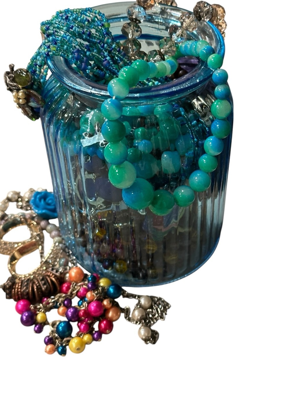 Estate Jewelry Blue Glass Jar Filled with Turquoise & Aqua Beaded Jewelry - Picture 5 of 7